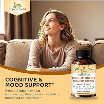 Organic Veda Ginkgo Biloba Turmeric Bacopa Brain Supplements for Memory & Focus - Ginkgo Biloba Brain Booster Supplement with Ashwagandha, Holy Basil, Moringa - Improves Energy Level - 60 Capsules