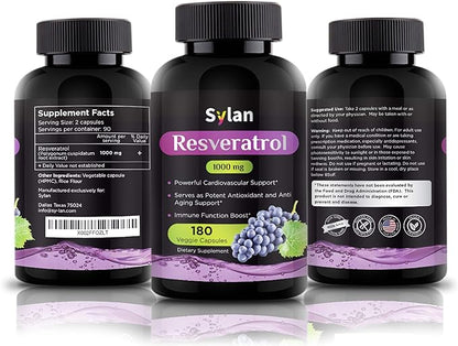 Trans Resveratrol Supplement 1000mg 180 Capsules Antioxidant Anti Aging Designed to Support in Cases of Heart Health, Joint and Brain Function & Immune System Health Veggie Non-GMO Made in USA