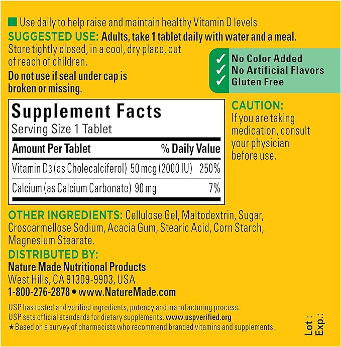 Nature Made Vitamin D3 2000 IU (50 mcg), Dietary Supplement for Bone, Teeth, Muscle and Immune Health Support, 100 Tablets, 100 Day Supply