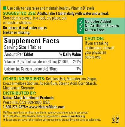 Nature Made Vitamin D3 2000 IU (50 mcg), Dietary Supplement for Bone, Teeth, Muscle and Immune Health Support, 100 Tablets, 100 Day Supply