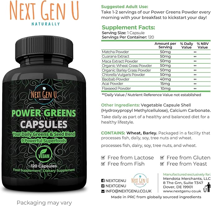 NGU Super Greens Immune System Support 500 mg 120 Vegan Capsules Contains Mixed Superfoods for Daily Booster Healthy Keto Blend w/Acai, Wheatgrass, Guarana, Chlorella, Flaxseed, Matcha, Maca