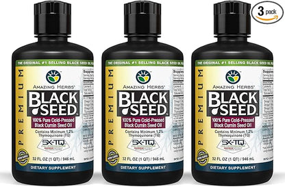 Amazing Herbs Premium Black Seed Oil - Cold Pressed Nigella Sativa Aids in Digestive Health, Immune Support, Brain Function, Joint Mobility, Gluten Free, Non GMO - 32 Fl Oz (Pack of 3)