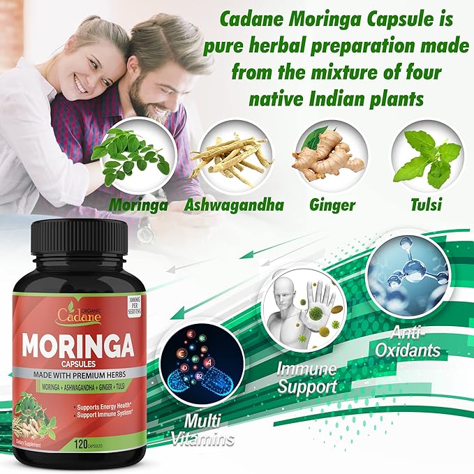 Organic Moringa Powder Capsules 3000mg with Ashwagandha, Ginger, Holy Basil Tulsi - Energy Booster, Immune Support - Oleifera Leaf Powder Herb Supplements, 120 Capsules