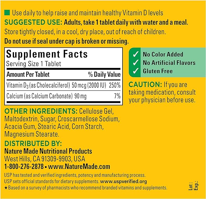 Nature Made Vitamin D3 2000 IU (50 mcg), Dietary Supplement for Bone, Teeth, Muscle and Immune Health Support, 400 Tablets, 400 Day Supply