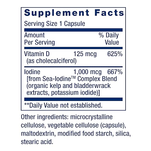 Life Extension Vitamin D3 125 mcg (5000 IU) with Sea-Iodine For Bone, Brain & Thyroid Support – Gluten-Free, Once Daily, Non-GMO – 60 Capsules