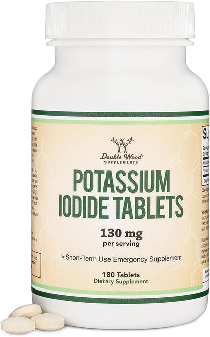 Potassium Iodide 130mg Tablets - Emergency Use for Exposure - 180 Count, 3 Month Supply - Double Wood Supplements