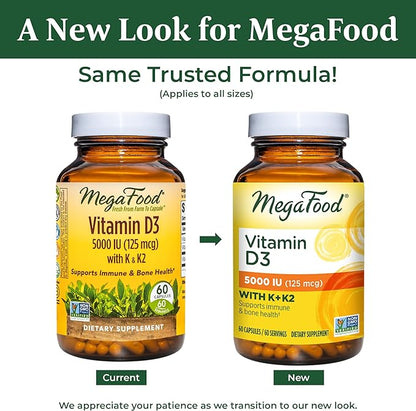 MegaFood Vitamin D3 5000 IU (125 mcg) - Vegetarian Vitamin D Supplements with Vitamin D3 K2, Supports Bones, Teeth, Muscles & Immune Health, Certified Non-GMO - 60 Mini Capsules, 60 Servings