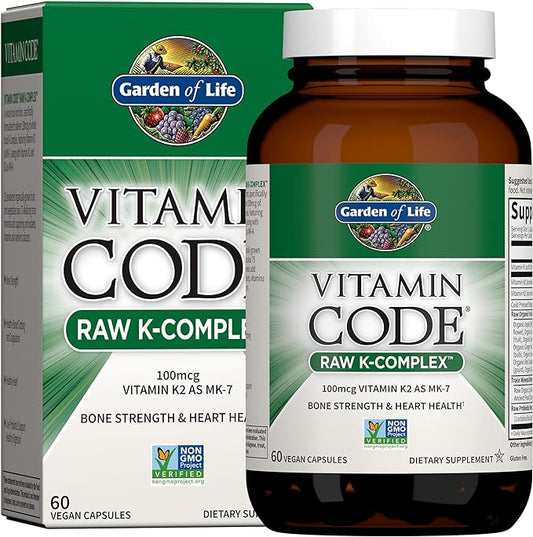 Garden of Life Vitamin K2 and K1, Vitamin Code Vegan K Complex Vitamin for Bone Strength and Heart Health, Vitamin K1 and K2, Omega Rich Flax Seed Oil, Trace Minerals, Probiotics, 60 Day Supply