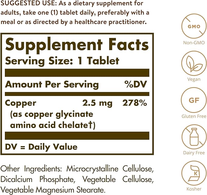 Solgar Chelated Copper, 100 Tablets - Essential for Collagen Formation - Highly Bioavailable Form - Supports Connective Tissue - Non-GMO, Vegan, Gluten Free, Dairy Free, Kosher - 100 Servings