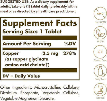 Solgar Chelated Copper, 100 Tablets - Essential for Collagen Formation - Highly Bioavailable Form - Supports Connective Tissue - Non-GMO, Vegan, Gluten Free, Dairy Free, Kosher - 100 Servings