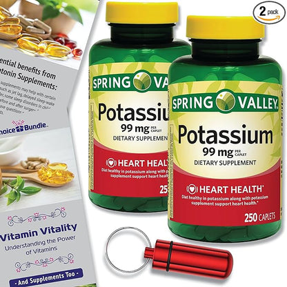 Spring Valley Potassium Heart Health Dietary Supplement Caplets 99 mg 250 CT 2 pk Choice Bundle (500 Total) + “Vitamin Vitality” Guide & Keychain Pill Container (4 Items)!