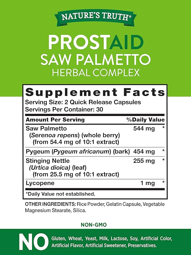 Nature's Truth Prostate Support Supplement | 60 Capsules | Saw Palmetto Herbal Complex | Non-GMO and Gluten Free Prostaid