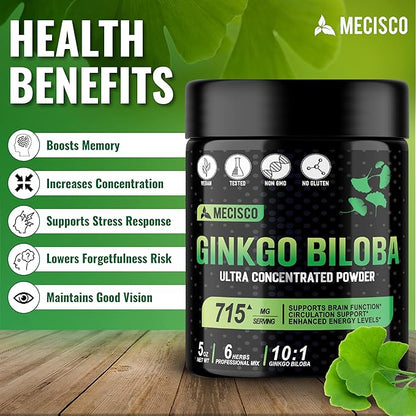 6in1 Ginkgo Biloba Extract Powder - High Concentrated with Ashwagandha Root, Moringa, Shilajit, Panax Ginseng & Black Pepper - Support Health Aging, Memory, Focus, Mood Stability - 5 Oz