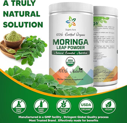 Certified Organic Moringa Leaf Powder-8Oz. USDA Certified Organic. Naturally boosts Energy, Metabolism & Immunity. 100% Pure and Raw. Green Whole Superfood. No GMO, Gluten Free.