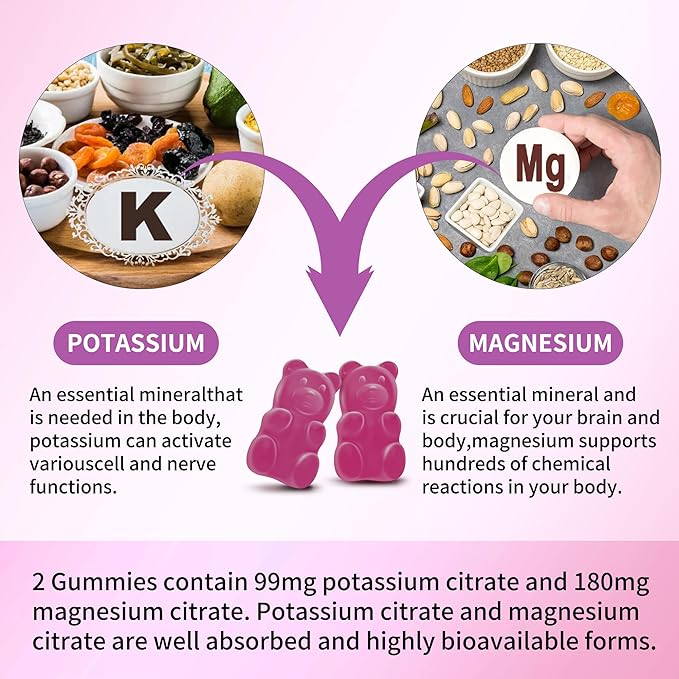 Potassium Magnesium Gummies, New Formula Calm Magnesium Glycinate Gummies, Chewable Gummy Supplements for Leg Cramps & Muscle, Elderberry Flavor 90 Count