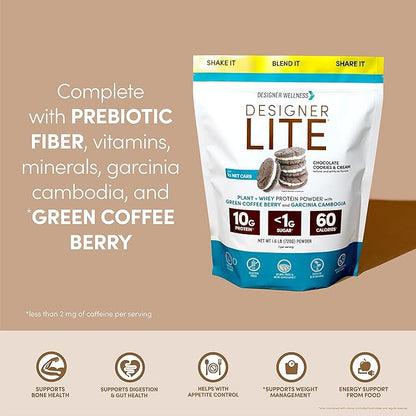 Designer Wellness, Designer Lite, Low Calorie Natural Protein, Prebiotic Fiber, Key Vitamins & Minerals, Chocolate Cookies & Cream, 25.6 Ounces