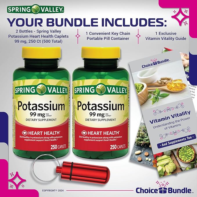 Spring Valley Potassium Heart Health Dietary Supplement Caplets 99 mg 250 CT 2 pk Choice Bundle (500 Total) + “Vitamin Vitality” Guide & Keychain Pill Container (4 Items)!