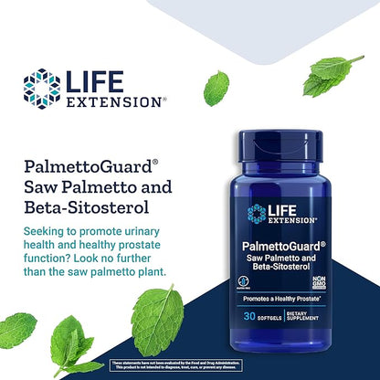 Life Extension PalmettoGuard Saw Palmetto & Beta-Sitosterol – Supports Healthy Prostate Function & Hormone Metabolism Health – Supplements for Men - Gluten-Free, Non-GMO – 30 softgels