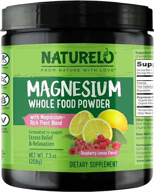 NATURELO Whole Food Magnesium Powder - Supports Stress Relief, Relaxation, Raspberry Lemon Flavor - 40 Servings | 7 oz