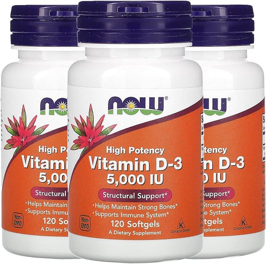 Now Foods Now Supplements, Vitamin D-3 5,000 IU, High Potency, Structural Support*, 120 Softgels (3 Pack)