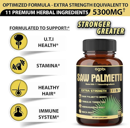 11in1 Saw Palmetto Capsules - Equivalent 5300mg with Ashwagandha, Turmeric, Tribulus, Maca, Green Tea, Ginger, Holy Basil & More - Healthy Prostate & Hair Support - 180 Count 6-Month Supply