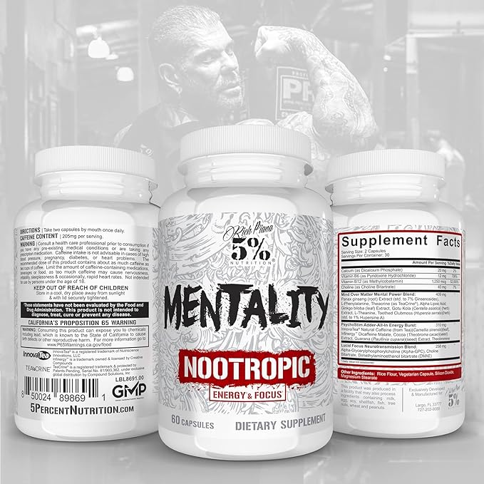 5% Nutrition Rich Piana Mentality Nootropic Blend | Brain Booster Supplement for Performance, Memory, Mental Clarity | Ginseng, Ginkgo, L-Theanine, Choline, Huperzine, 60 Capsules (30 Day Supply)