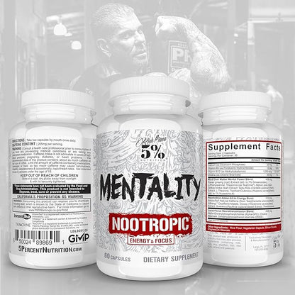 5% Nutrition Rich Piana Mentality Nootropic Blend | Brain Booster Supplement for Performance, Memory, Mental Clarity | Ginseng, Ginkgo, L-Theanine, Choline, Huperzine, 60 Capsules (30 Day Supply)