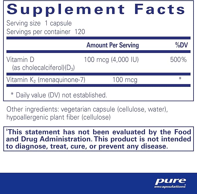 Pure Encapsulations Vitamin D3 & K2 | Bone and Vascular Health Support | 120 Capsules*