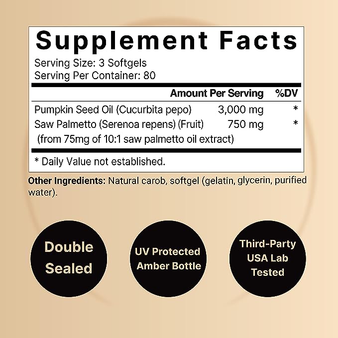 NatureBell Virgin Pumpkin Seed Oil 3,000mg Per Serving with Saw Palmetto, 240 Softgel Capsules | Cold Pressed – Rich in Omega 6 & 9 Essential Fatty Acids – Prostate & Bladder Supplements, Non-GMO