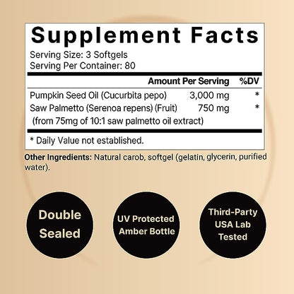 NatureBell Virgin Pumpkin Seed Oil 3,000mg Per Serving with Saw Palmetto, 240 Softgel Capsules | Cold Pressed – Rich in Omega 6 & 9 Essential Fatty Acids – Prostate & Bladder Supplements, Non-GMO