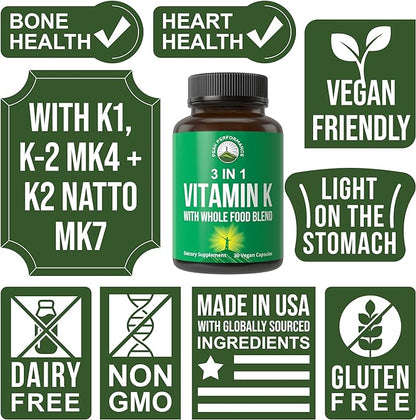 Vitamin K with Whole Food Blend of 25+ Vegetables and Fruits for Max Absorption. Vegan Capsules Supplement. Vitamins K1, K-2 MK4 + K2 Natto MK7. Alternative to Drops, Gummies. VIT K with K 2 and MK-7