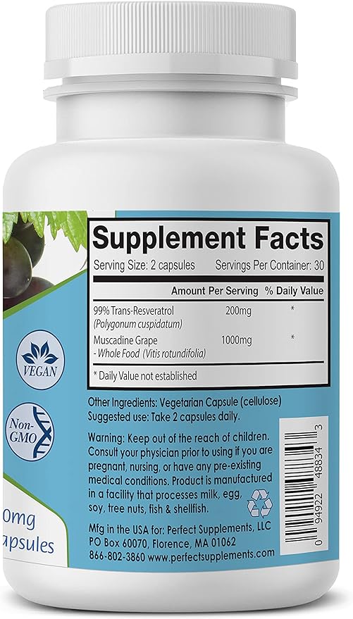 Perfect Supplements – Perfect ResGrape Resveratrol – 60 Capsules – Trans-Resveratrol & Organic Muscadine Grapes - 2 Pack