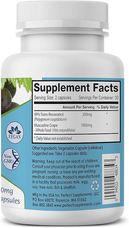 Perfect Supplements – Perfect ResGrape Resveratrol – 60 Capsules – Trans-Resveratrol & Organic Muscadine Grapes - 2 Pack