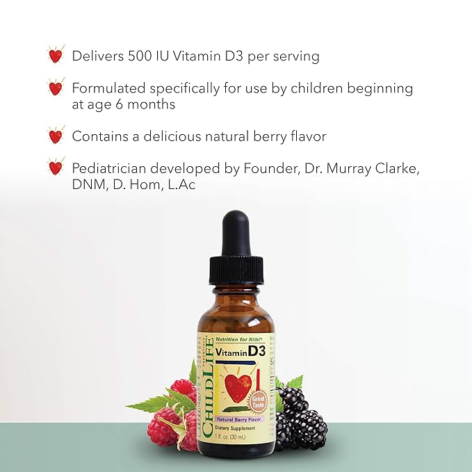 CHILDLIFE ESSENTIALS Vitamin D3 - Vitamin D Drops for Infants,Toddlers & Kid Supports Immune, Respiratory, Heart, & Bone Health, All-Natural, Non-GMO, 500 IU (12.5 mg) - Berry Flavor, 1 Fl. Oz Bottle