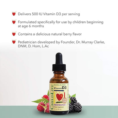 CHILDLIFE ESSENTIALS Vitamin D3 - Vitamin D Drops for Infants,Toddlers & Kid Supports Immune, Respiratory, Heart, & Bone Health, All-Natural, Non-GMO, 500 IU (12.5 mg) - Berry Flavor, 1 Fl. Oz Bottle