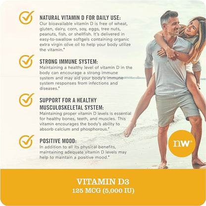 NatureWise Vitamin D3 5000iu (125 mcg) Healthy Muscle Function, and Immune Support, Non-GMO, Gluten Free in Cold-Pressed Olive Oil, Packaging Vary ( Mini Softgel), 90 Count