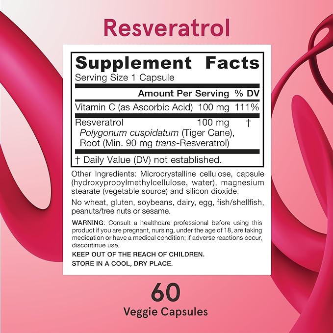 Jarrow Formulas Resveratrol 100 mg, Dietary Supplement, Antioxidant Support for Cardiovascular Function, 60 Veggie Capsules, 60 Day Supply