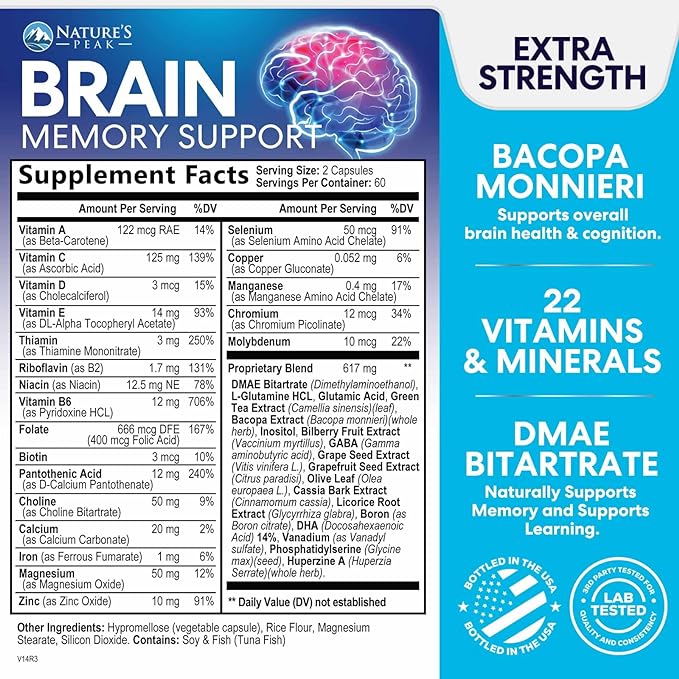 Brain Supplement for Memory and Focus, Nootropic Support for Concentration, Clarity, Energy, Brain Health with Bacopa, Cognitive Vitamins, Phosphatidylserine, DMAE, Brain Booster - 120 Capsules