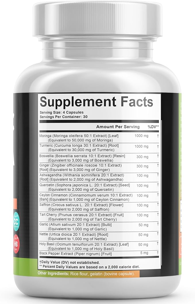 Turmeric Curcumin 30000mg Ginger 3000mg Moringa 50000mg Boswellia 3000mg Saffron 2000mg - Joint Support Supplement for Women and Men with Ceylon Cinnamon, Quercetin, Tart Cherry - 120 Caps