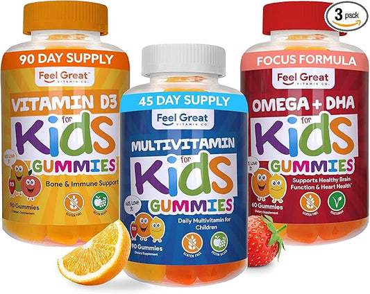 Feel Great Kids Essentail Vitamins Trio - Omega + DHA - Vitamin D - Multivitamin