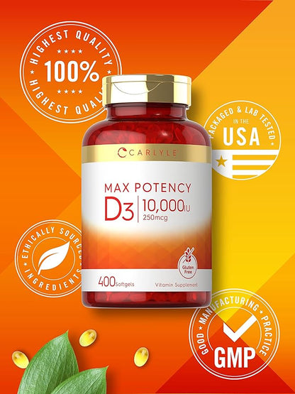 Carlyle Vitamin D 10000 IU 400 Softgels | Value Size | Max Potency | Non-GMO, Gluten Free Supplement