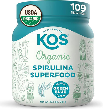 KOS Organic Spirulina Powder - USDA Certified Organic, 109 Servings of Superfood Powder for Smoothies & Juices, Non-Irradiated Blue Green Algae, Plant Based with Antioxidants, Vegan (13.5oz)