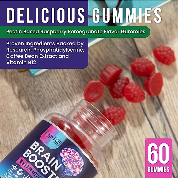 Built by Nature Brain Booster Gummies Supplement - Memory, Focus & Concentration Gummy - Vitamins B6 & B12, Proven and Tested Phosphatidylserine - Natural Cognitive Function & Energy Boost, 60 Gummies