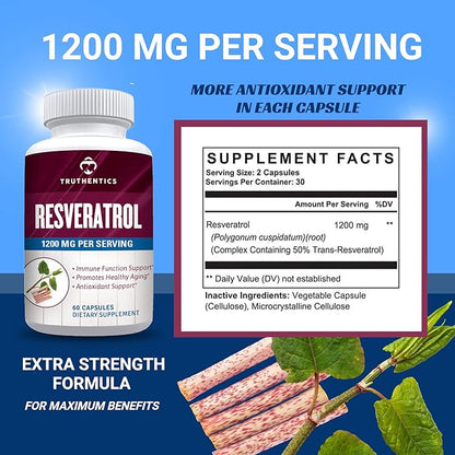 Resveratrol Supplement 1200mg - Japanese Knotweed Resveratrol Capsules - High Potency Trans Resveratrol Nutritional Supplements for Healthy Aging & Immune Health - 60 Vegan Capsules