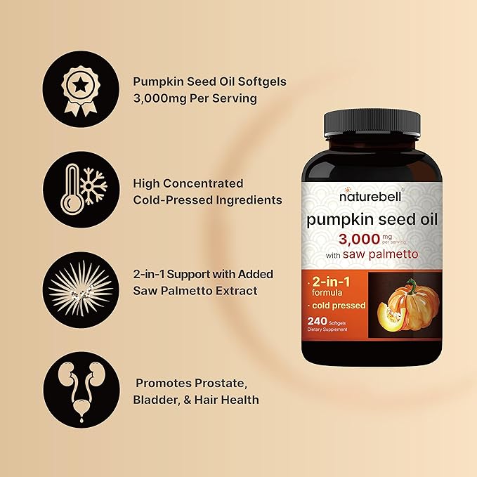 NatureBell Virgin Pumpkin Seed Oil 3,000mg Per Serving with Saw Palmetto, 240 Softgel Capsules | Cold Pressed – Rich in Omega 6 & 9 Essential Fatty Acids – Prostate & Bladder Supplements, Non-GMO