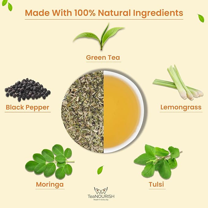 TeaNOURISH Moringa Tulsi Green Tea | Darjeeling Loose Leaf Tea | 100% Natural Moringa & Tulsi Leaves | Immune Support Tea - 3.53oz/100g