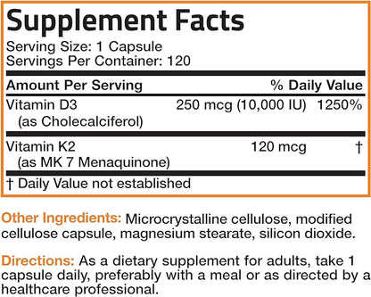 Bronson Vitamin K2 (MK7) with D3 Extra Strength Supplement Bone and Heart Health Non-GMO Formula 10,000 IU Vitamin D3 & 120 mcg Vitamin K2 MK-7 Easy to Swallow Vitamin D & K, 120 Capsules