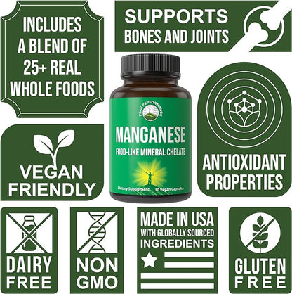 Manganese Supplement Food Like Mineral Chelated For Superior Absorption With Whole Food Blend Of 25+ Fruits & Vegetables. Pure Trace Mineral Capsules For Connective Tissue, Bone Health, Enzyme Support