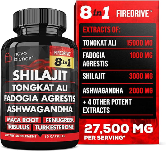 Shilajit 3000mg Tongkat Ali 15,000mg Fadogia Agrestis 1000mg Maca Root 2000mg Ashwagandha 4000mg Fenugreek 1500mg Tribulus Terrestris 500mg Turkesterone 500mg, 8-in-1 Supplement Blend for Men