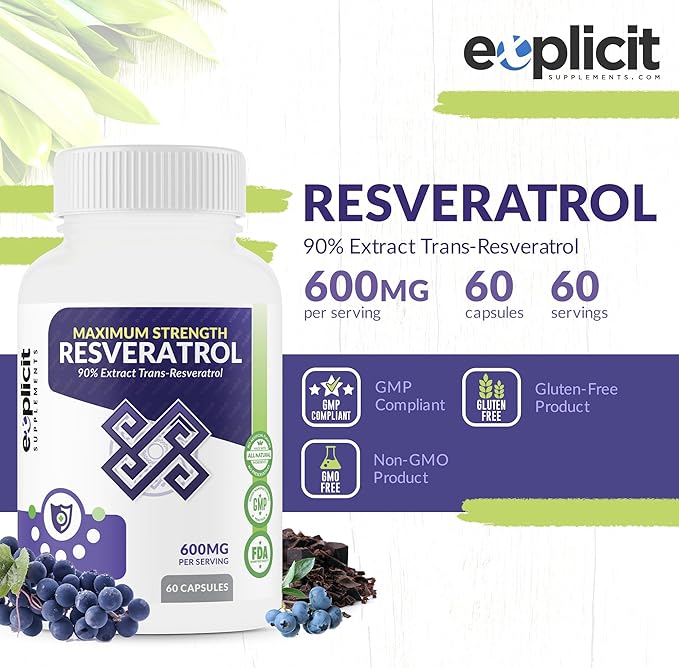 All Natural & Pure Resveratrol Supplement - Max Strength 1200mg Daily - 90% Extract Trans Resveratrol - 1 Month Supply